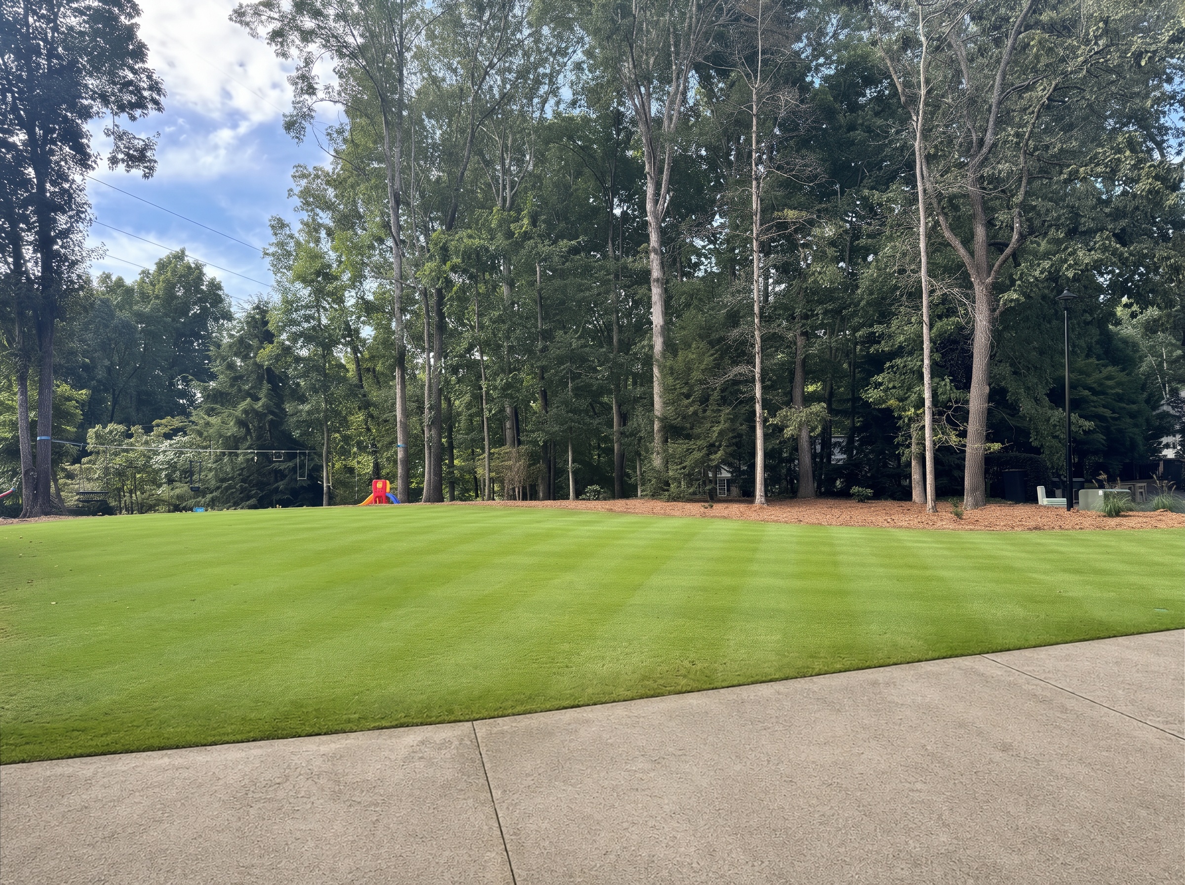 Low-cut bermudagrass and mowing stripes in the Diamond Lawn Specialists owner's yard